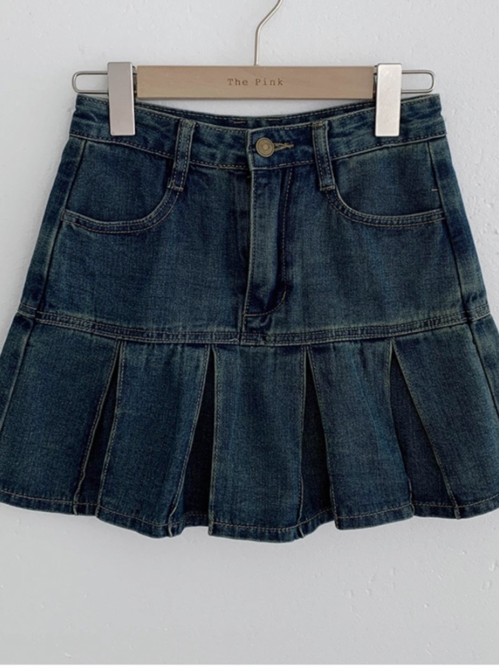 Dark Wash Pleated Denim Mini Skirt